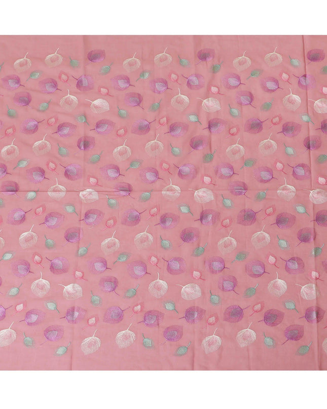 Light cerise pink premium pure cotton voile fabric with lavender pink, beige and turquoise green embrodiery in floral design-D13691