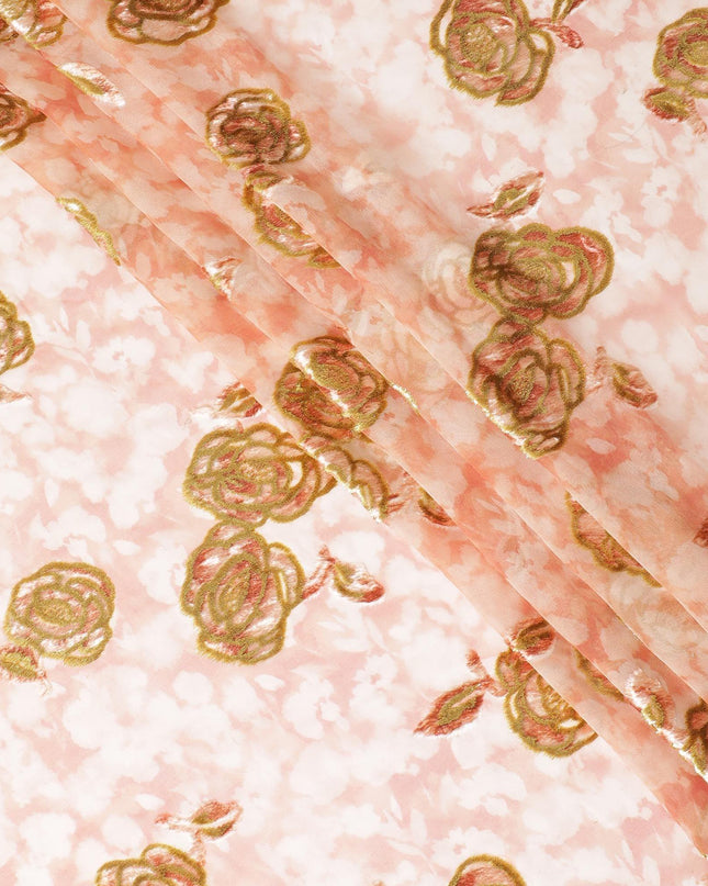 قماش شيفون حريري متعدد الألوان مطبوع رقميًا (مكمل) مع طبقة لوريكس معدنية ومخمل بتصميم زهور لديراك - D9905