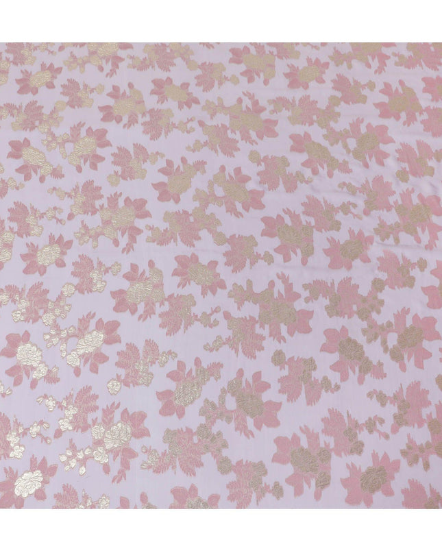 قماش شيفون حريري فرنسي (فرنساوي) فاخر باللون الخزامي مع فيسكوز وردي فاتح ولوريكس معدني ذهبي بتصميم زهور-D14056