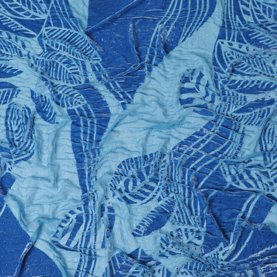 Sky blue silk blended velvet burnout chiffon fabric having stone work in fancy design-D15203