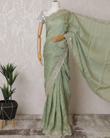 Sage green Premium silk jacquard organza saree with multicolor sequin embroidery having gold bead work in floral design-D15591