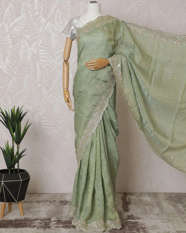 Sage green Premium silk jacquard organza saree with multicolor sequin embroidery having gold bead work in floral design-D15591 Regal Fabrics