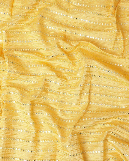 Mustard yellow premium silk brocade fabric with same tone embroidery having mirror work in fancy design-D12458 Regal Fabrics