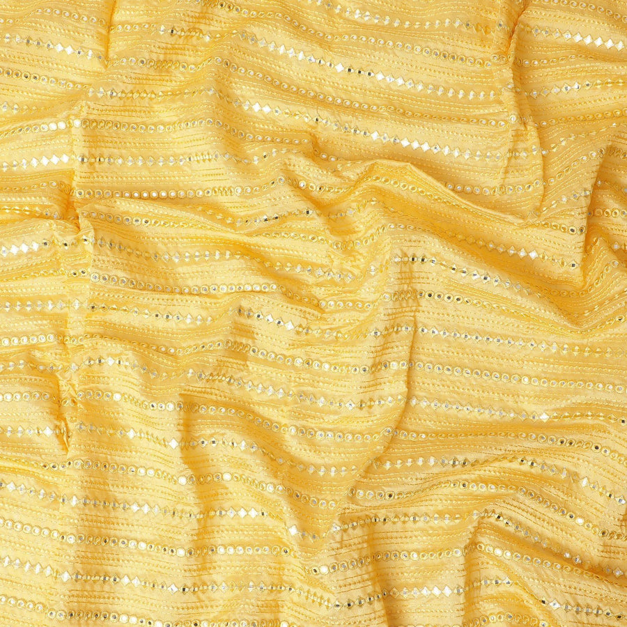 Mustard yellow premium silk brocade fabric with same tone embroidery having mirror work in fancy design-D12458 Regal Fabrics