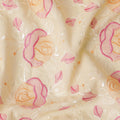 Light gold Premium pure cotton voile fabric with peach, magenta pink and beige embroidery in floral design-D15254