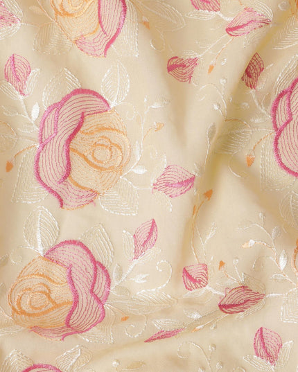 Light gold Premium pure cotton voile fabric with peach, magenta pink and beige embroidery in floral design-D15254
