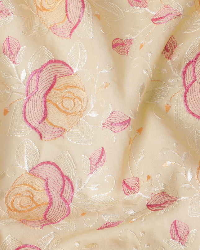 Light gold Premium pure cotton voile fabric with peach, magenta pink and beige embroidery in floral design-D15254