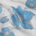 Off white premium pure French (Fransawi) silk chiffon fabric with sky blue viscose having silver grey metallic lurex in floral design-D14060
