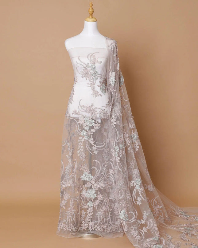 Onion pink Premium wedding nylon tulle fabric with same tone embroidery, beads,  pearls, beads, sequins and powder blue  applique work in floral design-D7912 Regal Fabrics