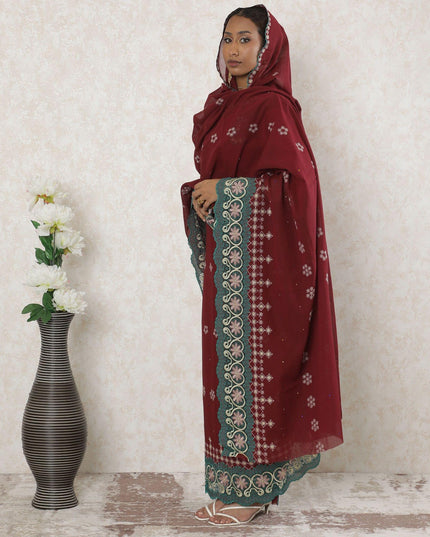 Marron Premium pure Swiss cotton voile thobe with same tone, gold and jade green embroidery having stone work in floral design-D14347
