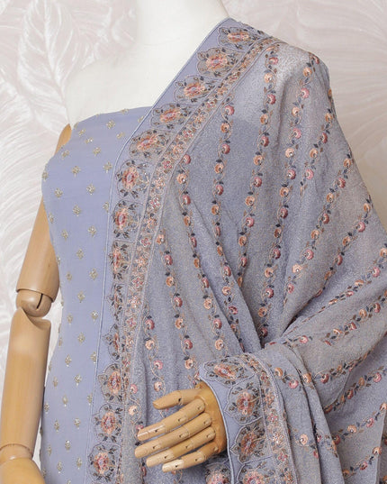 Light lilac Premium silk georgette kameez with multicolor embroidery, bead work and stone work in paisley design. Light lilac plain salwar with same tone georgette dupatta having multicolor embroidery and stone work-D15519