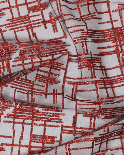 Black nylon tulle fabric with crimson red glitter in fancy design-D15402