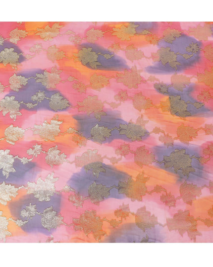 قماش شيفون حريري فرنسي (فرنساوي) فاخر متعدد الألوان مع لوركس معدني ذهبي بتصميم زهور-D14004