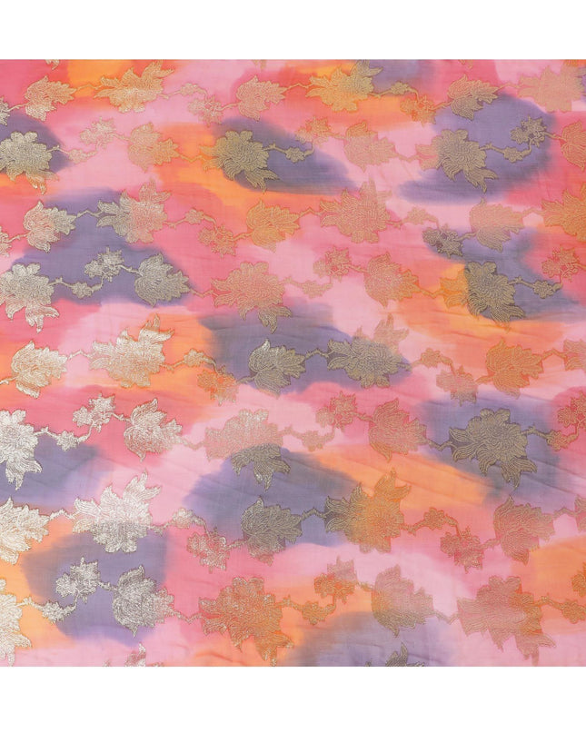 قماش شيفون حريري فرنسي (فرنساوي) فاخر متعدد الألوان مع لوركس معدني ذهبي بتصميم زهور-D14004