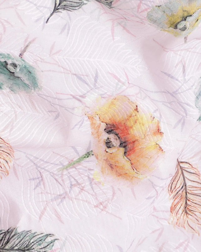 Crepe pink cotton lawn fabric with same tone embroidery having olive green and light mustard print in floral design-D7014 Regal Fabrics