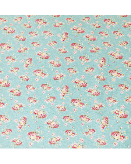 Baby blue uragiri cotton voile fabric with same tone jacquard having olive green, cerise pink, off white and sun flower yellow print in floral design-D7349