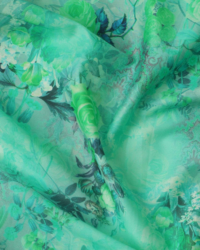Mint green blended cotton lawn fabric  with multicolor print in floral design: D-5682 Regal Fabrics