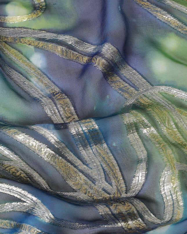 قماش شيفون من الحرير الخالص متعدد الألوان مع لوريكس معدني ذهبي بتصميم تجريدي-D14108