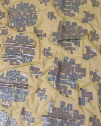 Dark khaki silk chiffon fabric with multicolor metallic jaquard in brick design . Per piece length of this product is 1.55 meters Regal Fabrics