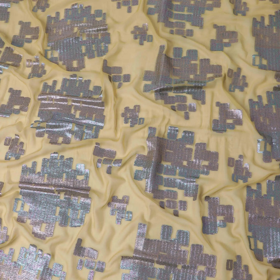Dark khaki silk chiffon fabric with multicolor metallic jaquard in brick design . Per piece length of this product is 1.55 meters Regal Fabrics