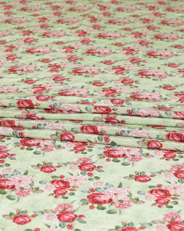 Sage green premium pure silk crepe fabric with ruby pink, olive green and powder pink print in floral design-D9405 Regal Fabrics