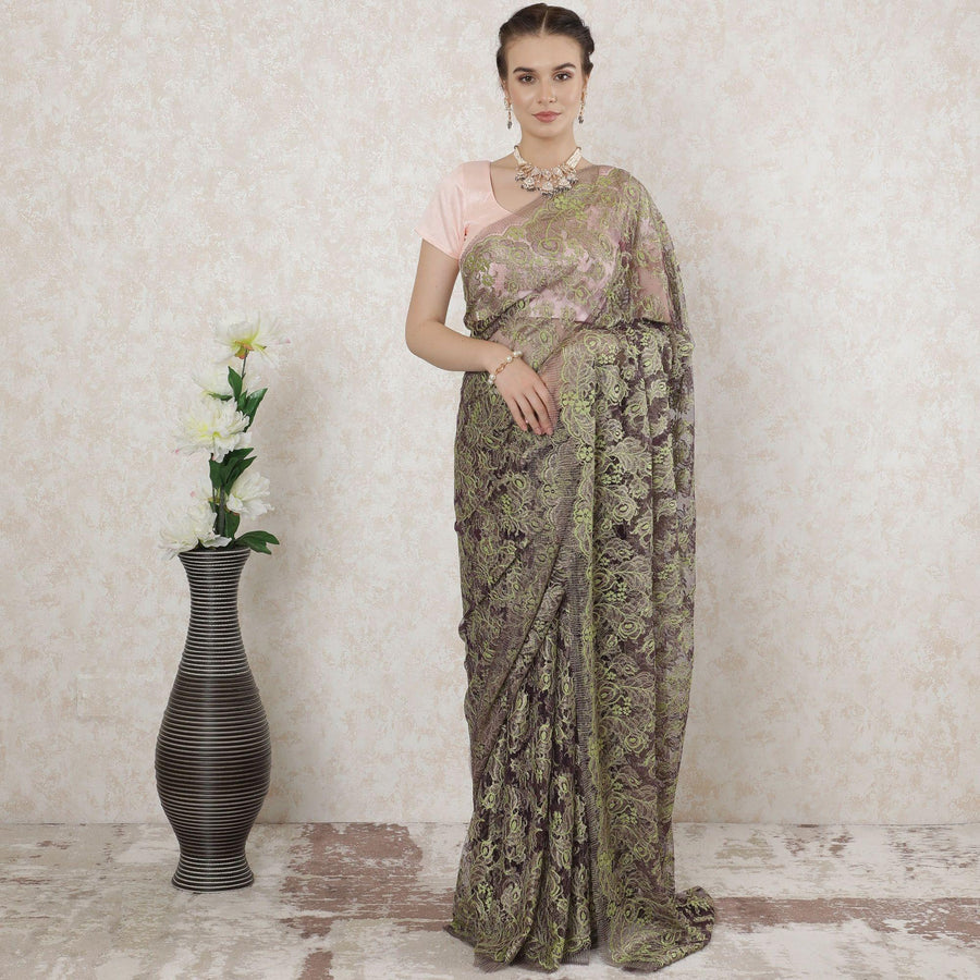 ساري دانتيل معدني فرنسي نقي فاخر باللون الأرجواني والأخضر الداكن والذهبي بتصميم زهور -D14497