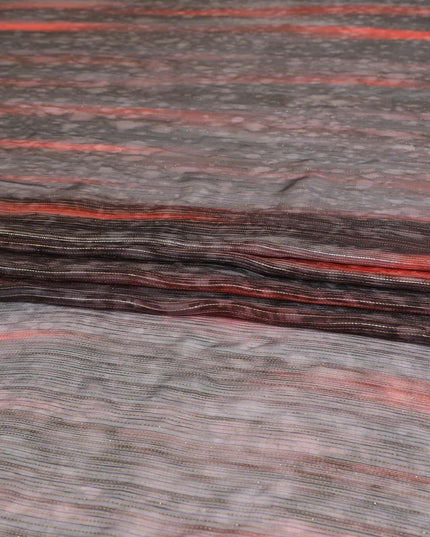 Black pure silk chiffon fabric with brick red print having gold metallic lurex in stripe design-D8974