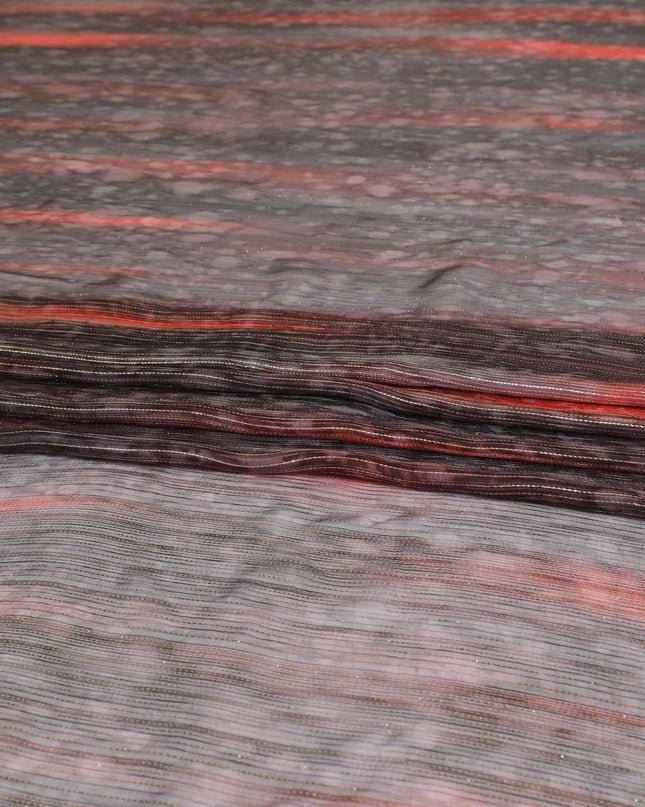 Black pure silk chiffon fabric with brick red print having gold metallic lurex in stripe design-D8974