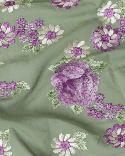Sage green Premium pure cotton voile fabric with same tone, purple and beige embroidery in floral design-D15239