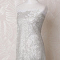 White nylon tulle fabric with same tone, silver embroidery having stone work in fancy design-D14742