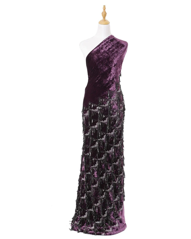 Plum purple silk blended velvet fabric with black embroidery having black and silver sequins in fancy design-D6090 Regal Fabrics