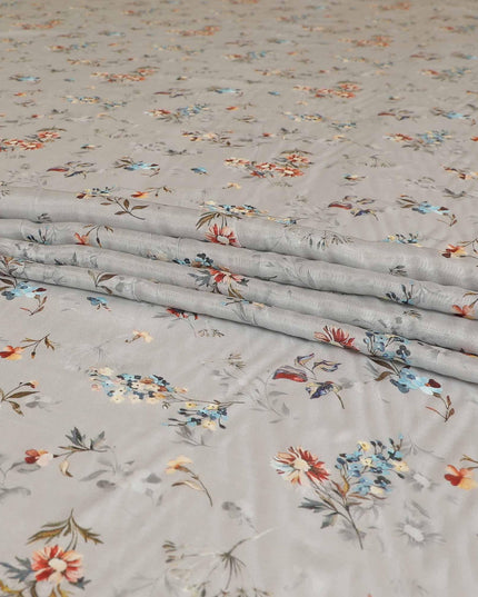 Rhino grey synthetic modal satin fabric with multicolor print in floral design-D9106 Regal Fabrics