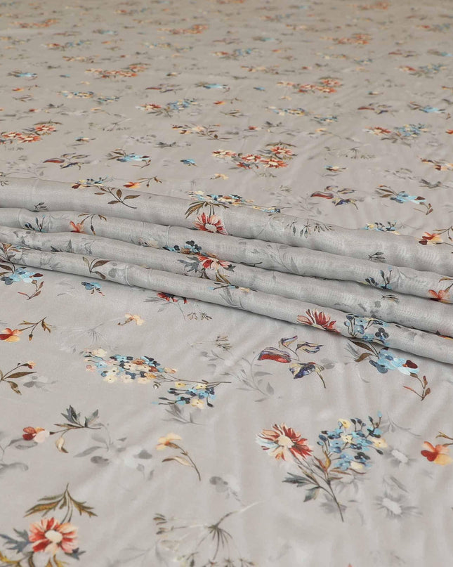 Rhino grey synthetic modal satin fabric with multicolor print in floral design-D9106 Regal Fabrics