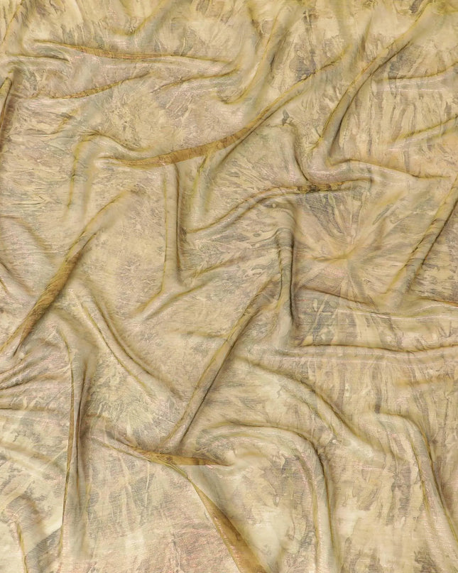 Olive green synthetic chiffon fabric with same tone, mocha brown print having pink metallic lurex in batik design-D9753 Regal Fabrics