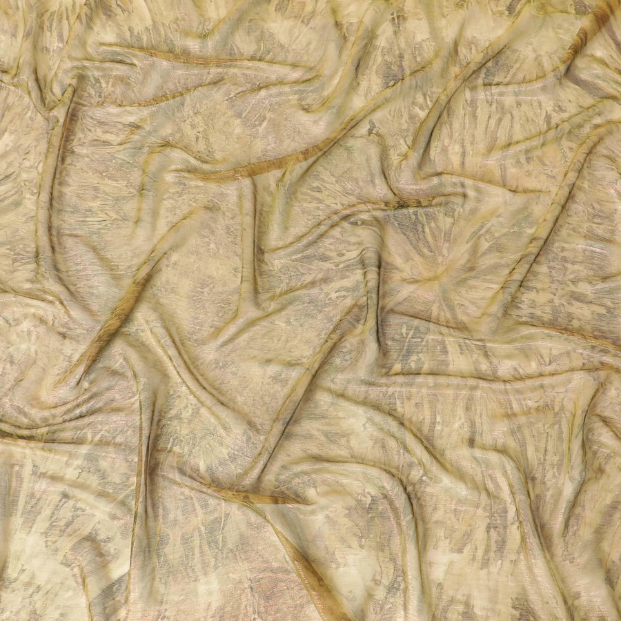 Olive green synthetic chiffon fabric with same tone, mocha brown print having pink metallic lurex in batik design-D9753 Regal Fabrics