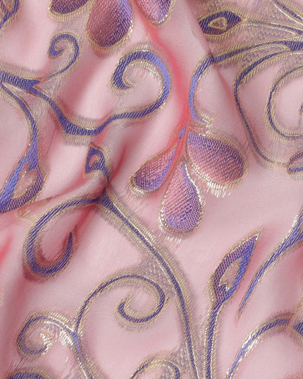 Hot pink Premium pure changent silk chiffon fabric with same tone, blue viscose having gold metallic lurex in floral design-D14643