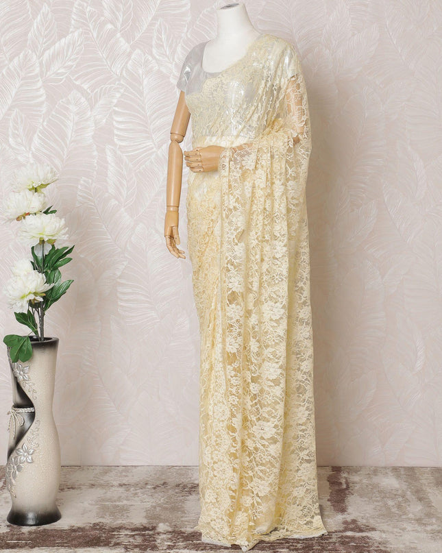 Light gold Premium pure French chantilly lace saree in floral design-D14561