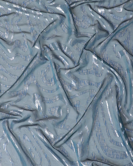 Petrol blue premium pure French (Fransawi) silk chiffon garbasaar with blue and silver metallic lurex in abtract design-D9556 Regal Fabrics