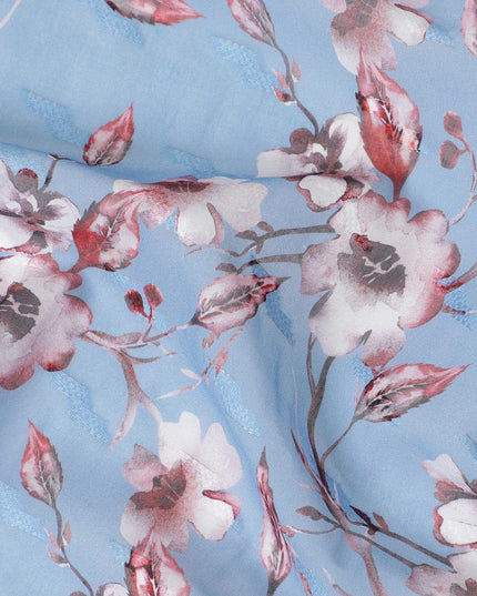 Steel blue cotton voile fabric with cerise pink, off white and black print in floral design-D10751 Regal Fabrics