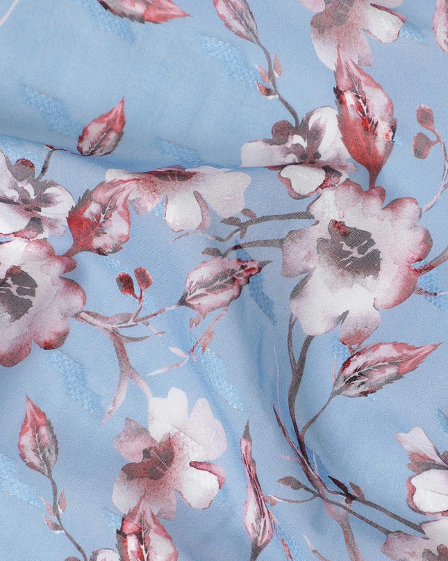 Steel blue cotton voile fabric with cerise pink, off white and black print in floral design-D10751 Regal Fabrics