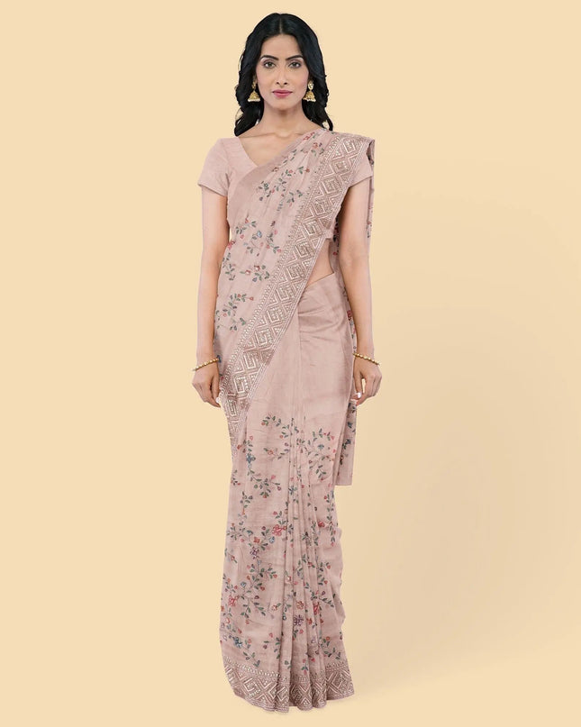 Peach synthetic crepe saree with multi colour embroidery & stones in floral design. Blouse piece in same colour-D12750 Regal Fabrics