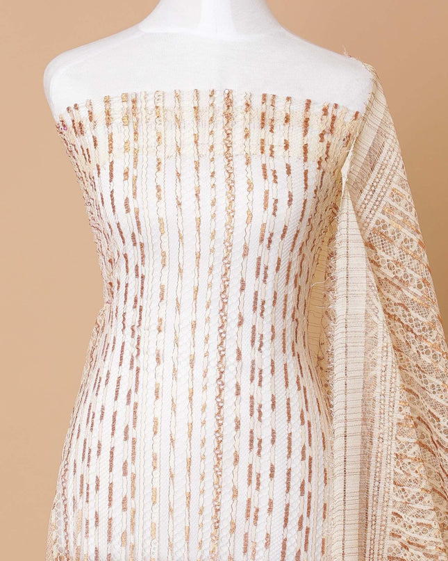 Beige Premium Wedding French chantilly lace fabric with copper metallic stripe design-D8365