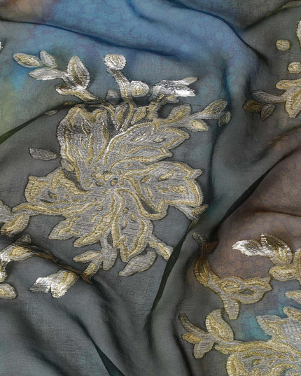 Multicolor premium pure handprinted silk chiffon fabric with gold metallic lurex in fancy design-D10409