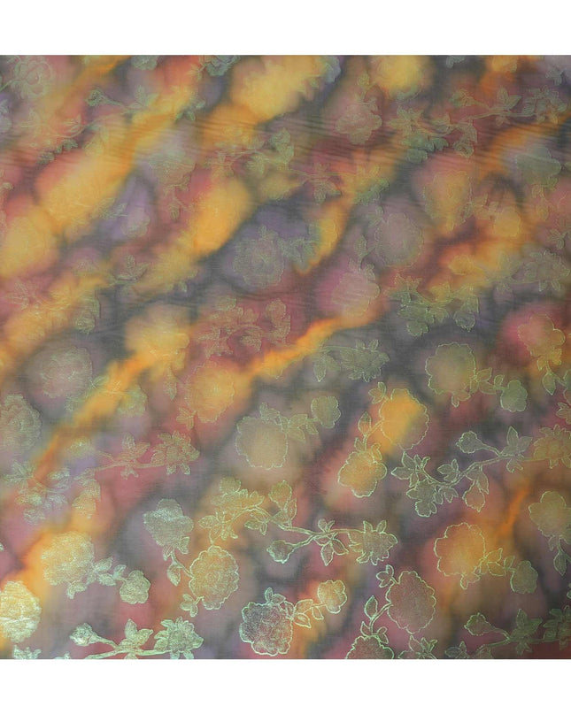 قماش شيفون حريري نقي فاخر متعدد الألوان مع لوريكس معدني أخضر نيون بتصميم زهور-D9283