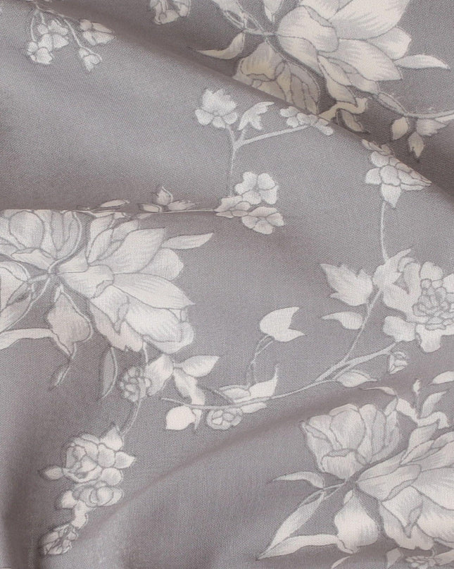 Steel grey cotton voile fabric with beige print in floral design-D15156
