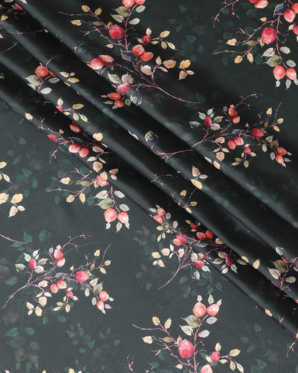 Black synthetic satin fabric with multicolor print in floral design-D10269