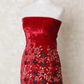 Crimson red silk blended velvet fabric with black, gold embroidery having border guipure work and stone work in fancy design-D11868