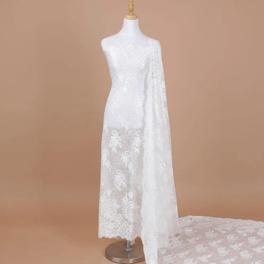 White lace fabric with same tone embroidery in fancy design-D9242 Regal Fabrics