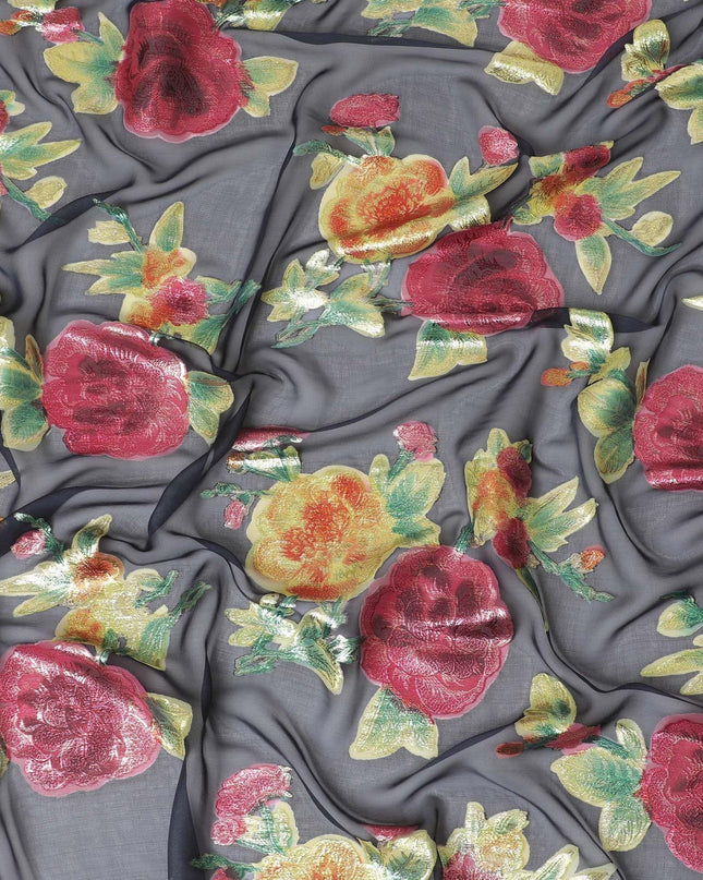 قماش شيفون حريري نقي فاخر باللون الأزرق الداكن مع لوركس معدني متعدد الألوان بتصميم زهور -D10780