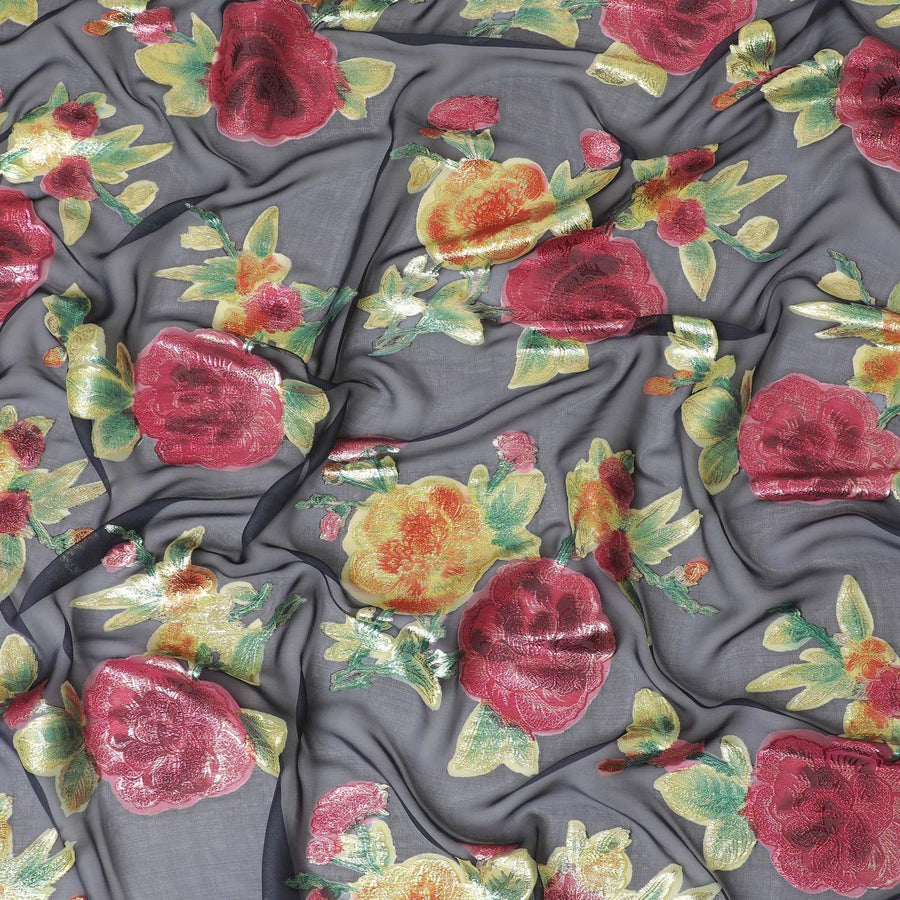 Navy blue premium pure silk chiffon fabric with multicolor metallic lurex in floral design-D10780